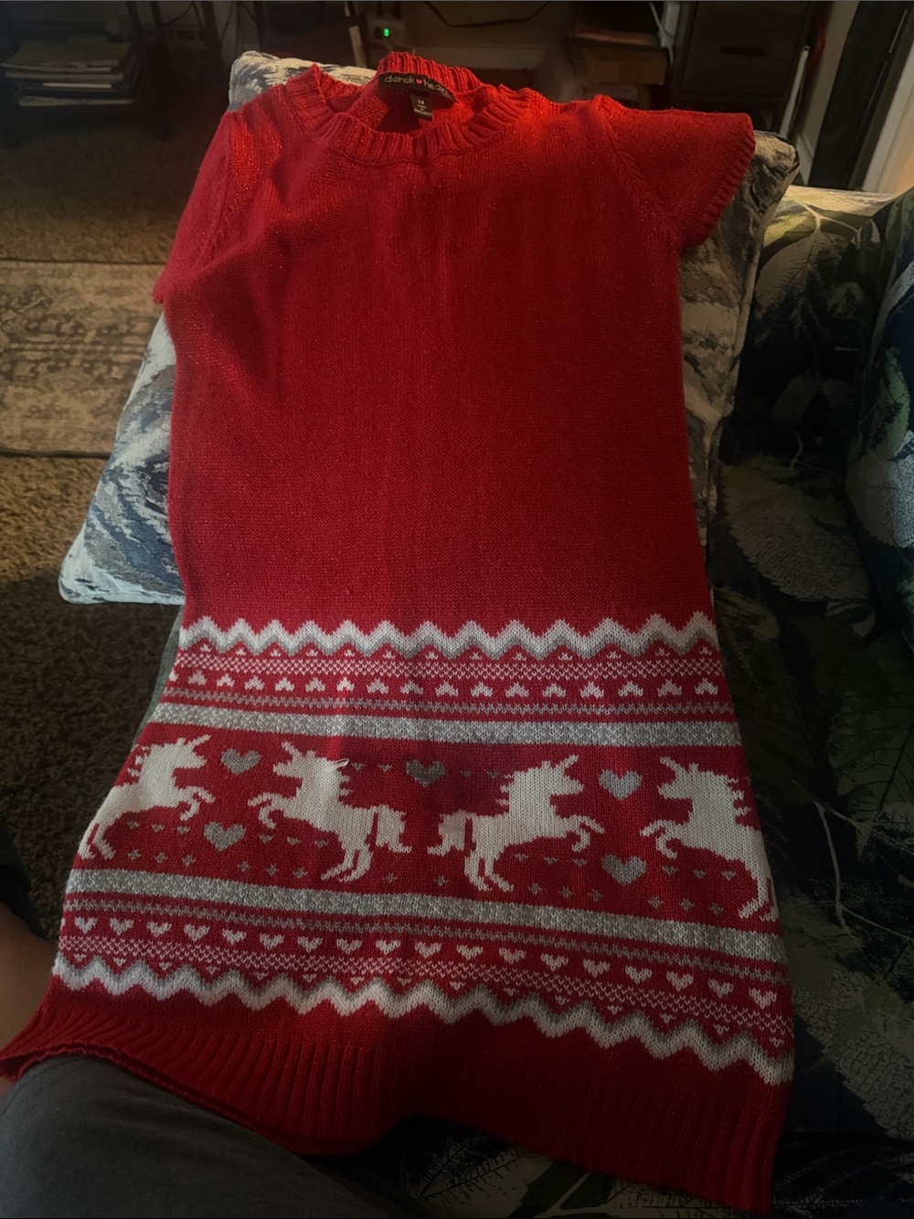 Derek Heart Red Knit Unicorn Fair Isle Girls Dress